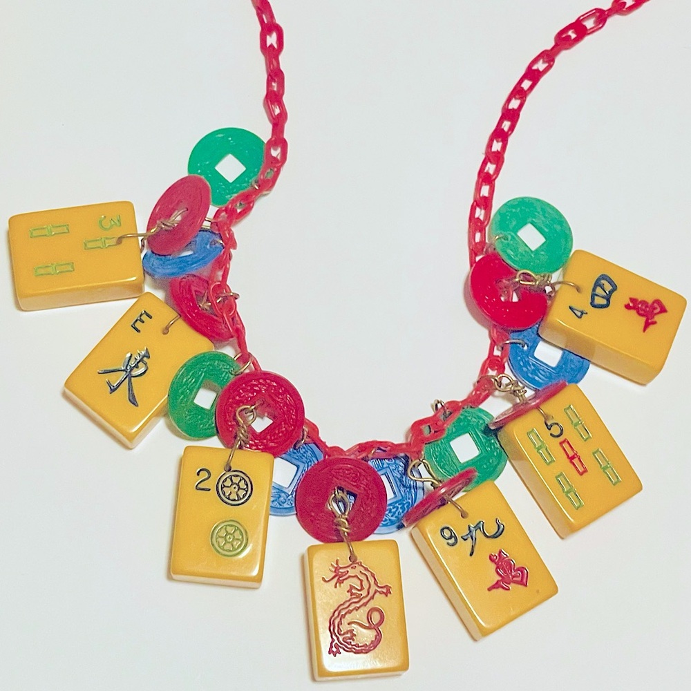Rare vintage Chinese bakelite mahjong necklace OOAK